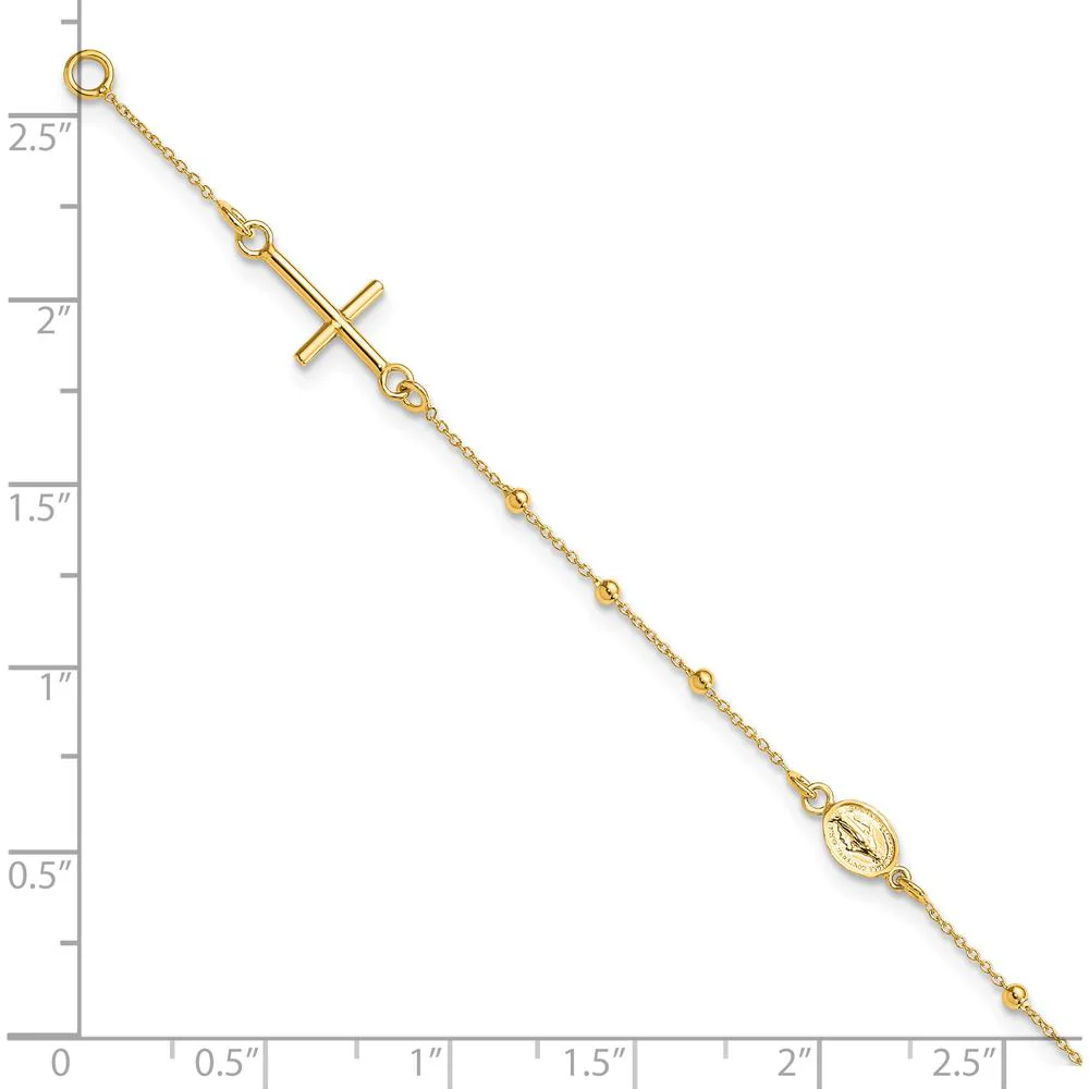 14K Yellow Gold Polished Cross and Miraculous Medal Beaded Rosary Bracelet - 7.5" Length by Oro Pregiato - Image 3