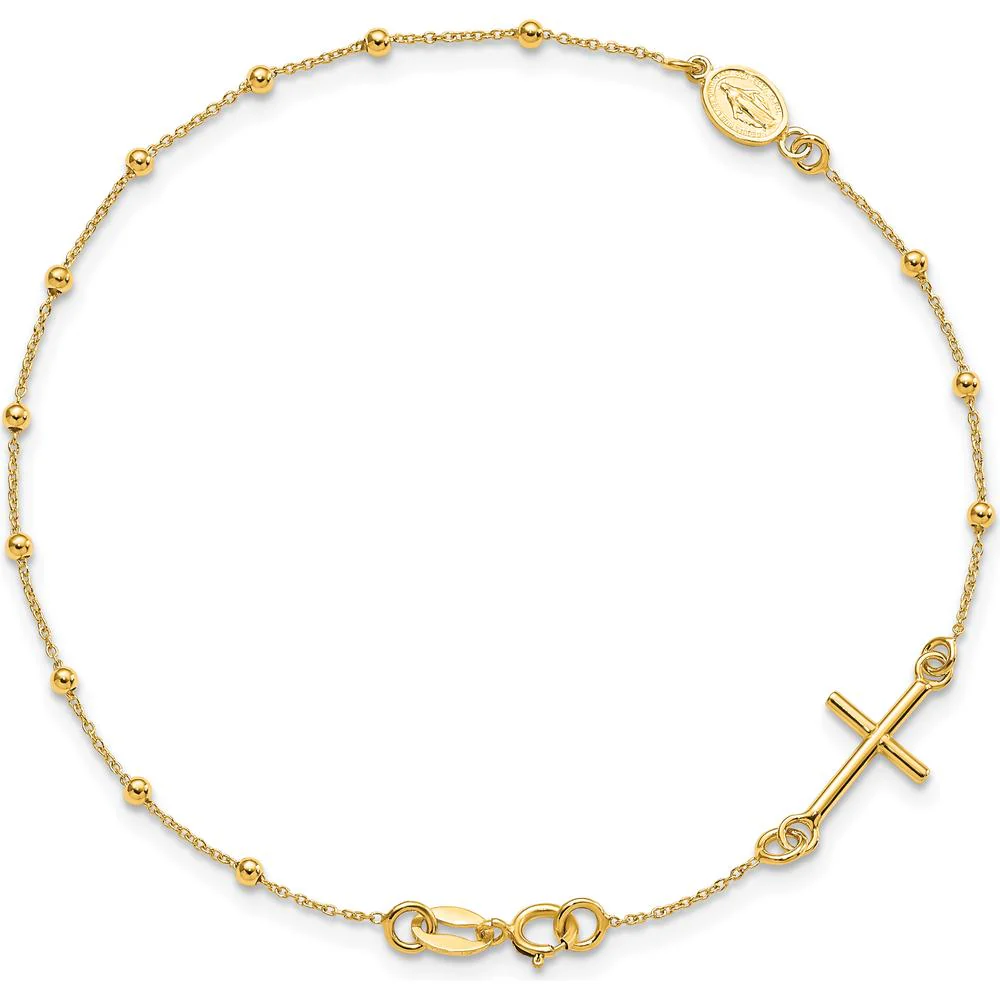 14K Yellow Gold Polished Cross and Miraculous Medal Beaded Rosary Bracelet - 7.5" Length by Oro Pregiato - Image 4