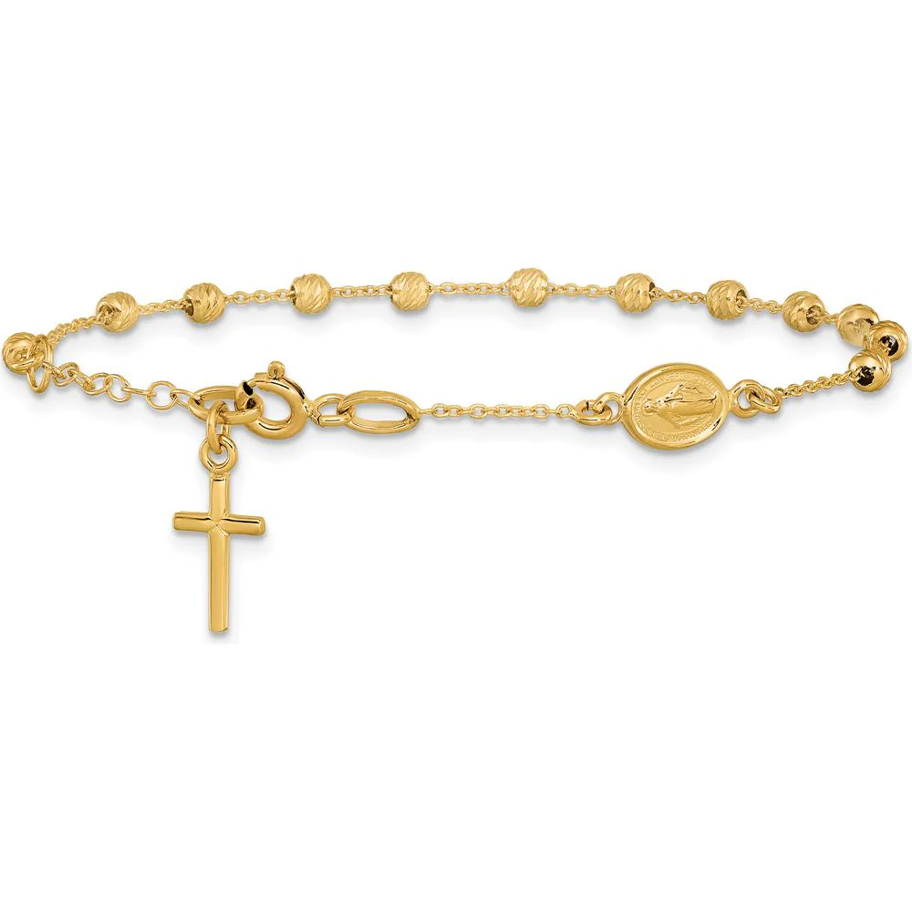 14K Yellow Gold Polished Cross and Miraculous Medal Rosary Bracelet with Diamond-Cut Beads and 0.75" Extender by Oro Pregiato - Image 3