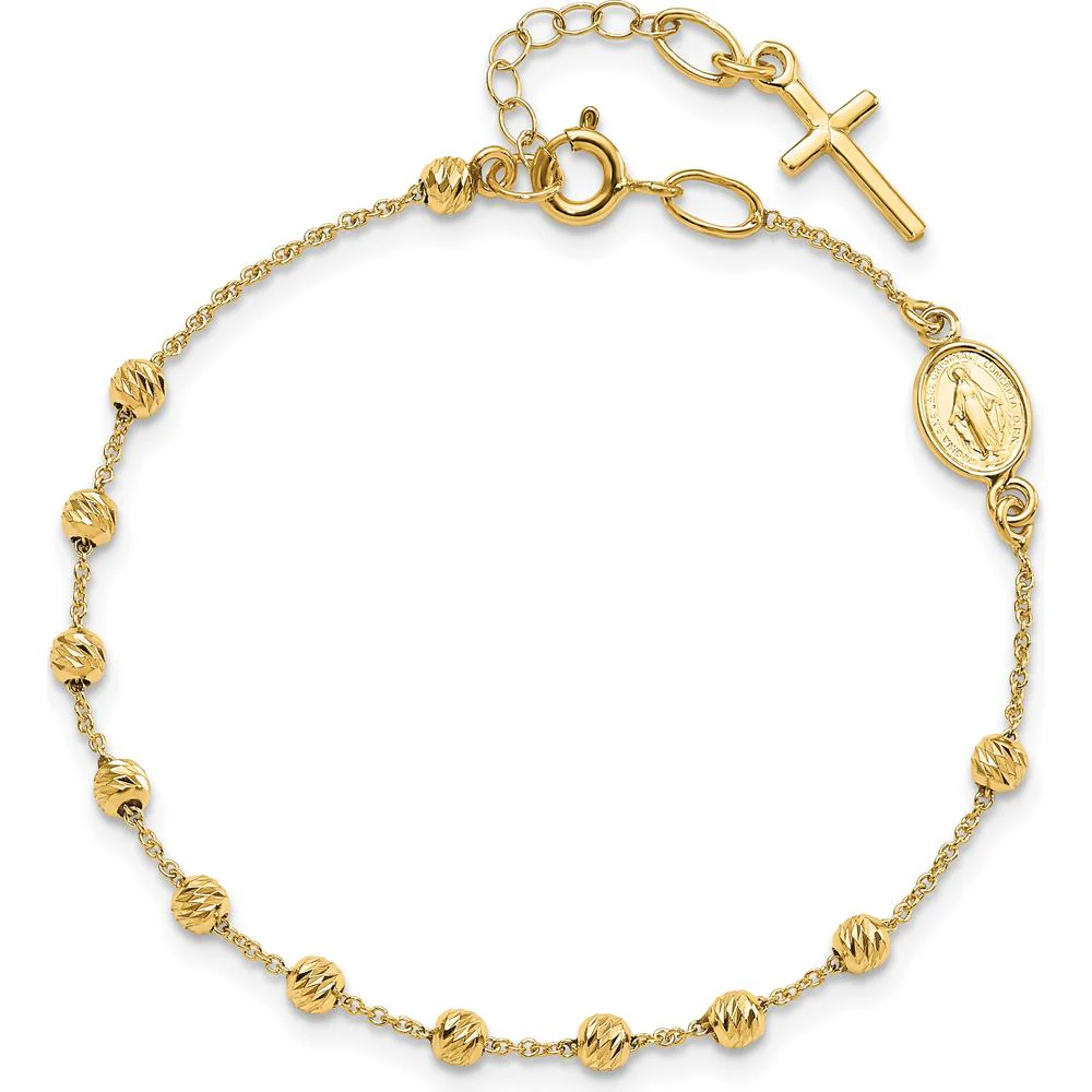14K Yellow Gold Polished Cross and Miraculous Medal Rosary Bracelet with Diamond-Cut Beads and 0.75" Extender by Oro Pregiato - Image 5