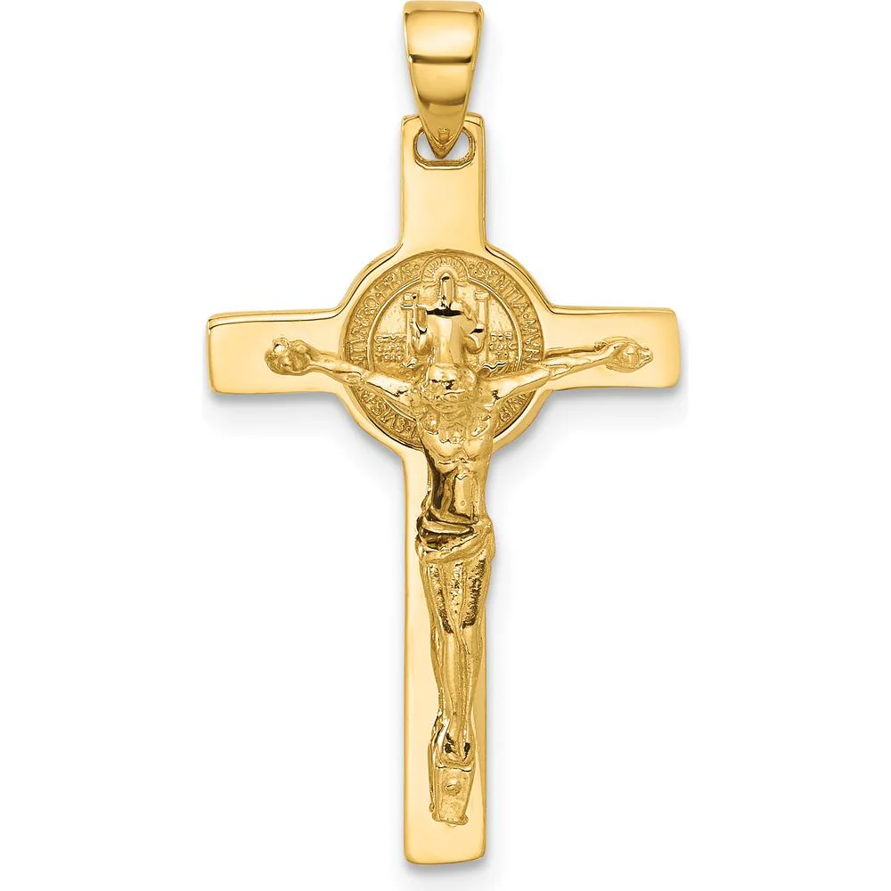 14K Yellow Gold Polished Crucifix and St Benedict Pendant - 31mm Length by Oro Pregiato