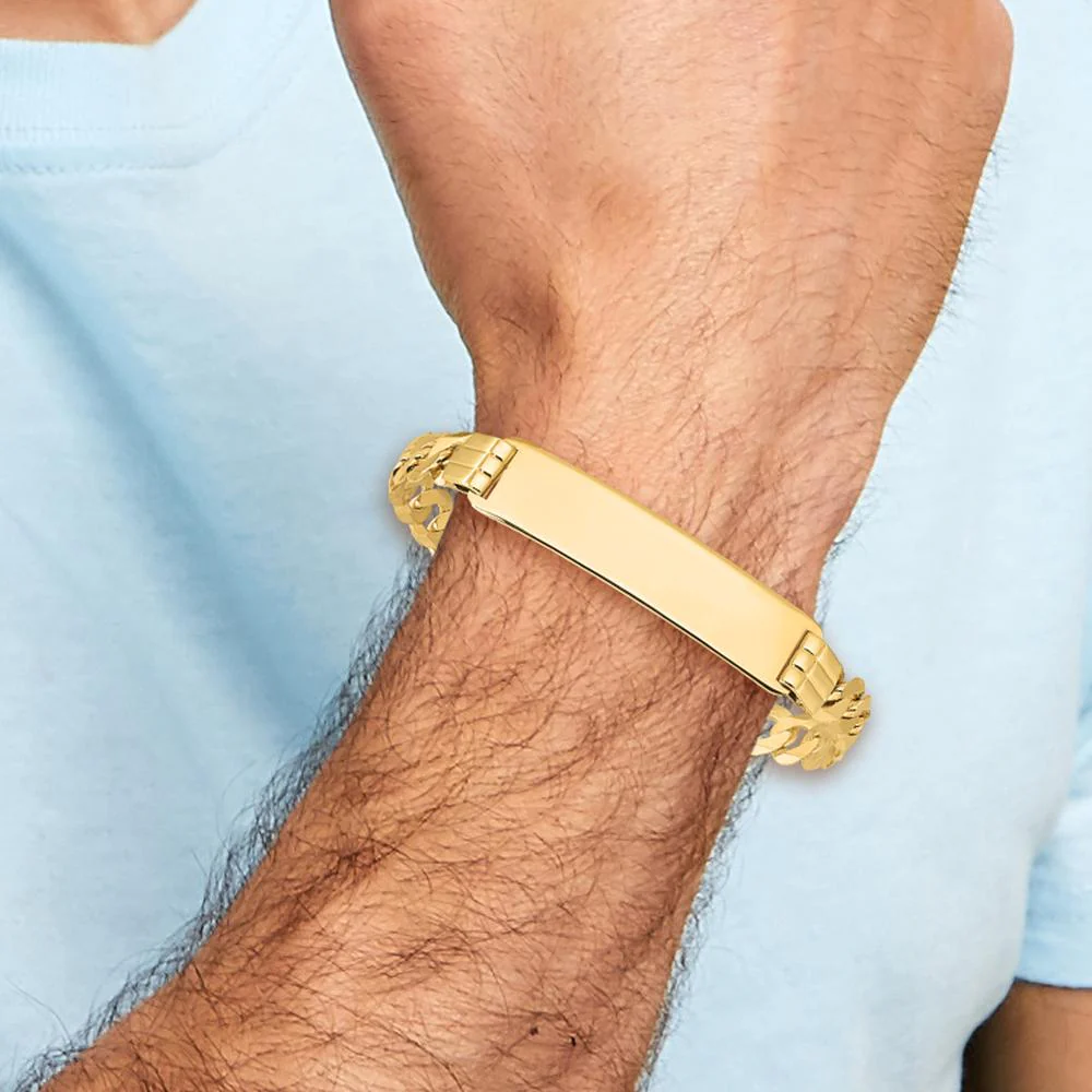 14K Yellow Gold Polished Curb Link ID Bracelet - 7" Length, 37x9mm Plate by Oro Pregiato - Image 5
