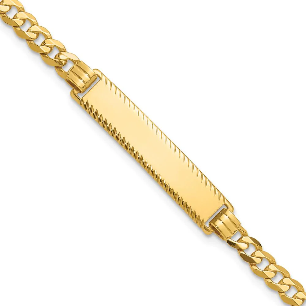 14K Yellow Gold Polished Curb Link ID Bracelet with Diamond-Cut Plate - 7" Length by Oro Pregiato