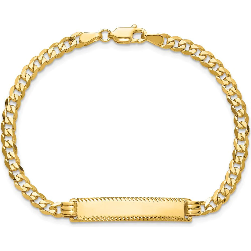 14K Yellow Gold Polished Curb Link ID Bracelet with Diamond-Cut Plate - 7" Length by Oro Pregiato - Image 4
