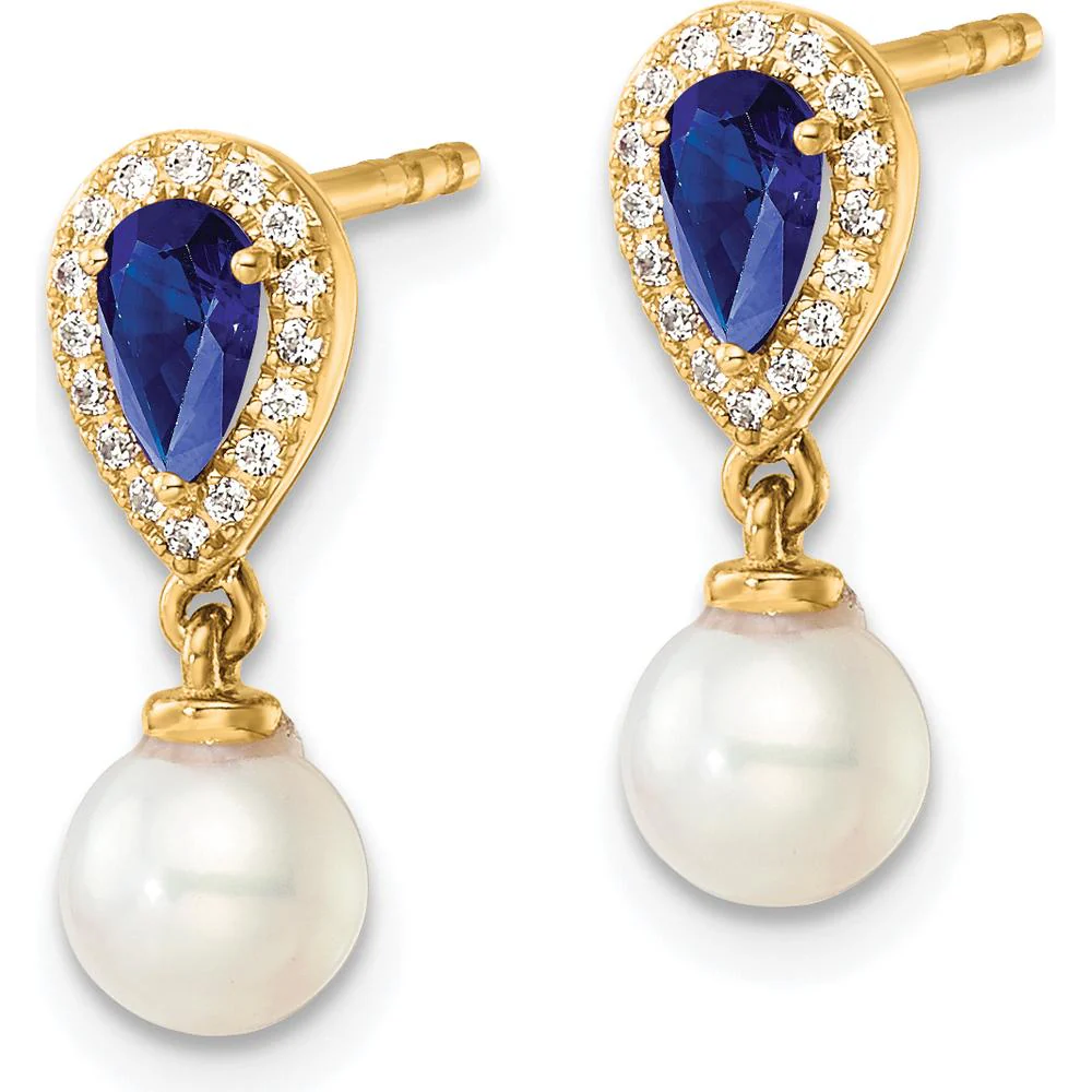 14K Yellow Gold Polished Diamond and Sapphire Drop Earrings with Freshwater Pearls - 1.20 Carat Total Gem Weight by Monteluci Fine Jewelry - Image 2