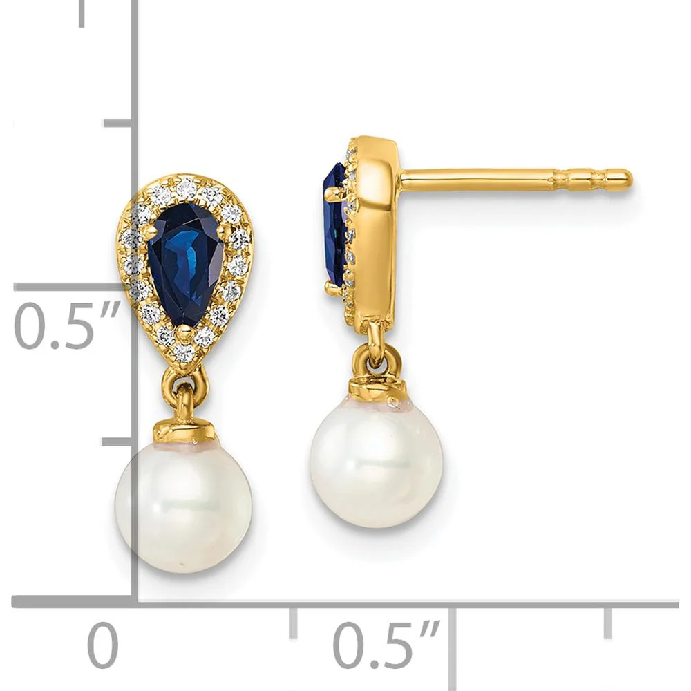 14K Yellow Gold Polished Diamond and Sapphire Drop Earrings with Freshwater Pearls - 1.20 Carat Total Gem Weight by Monteluci Fine Jewelry - Image 3