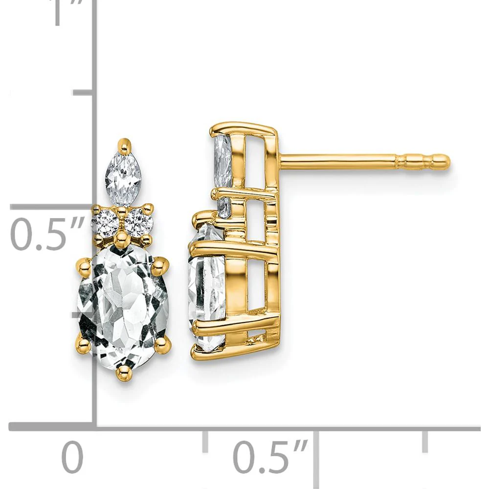 14K Yellow Gold Polished Diamond and White Topaz Drop Earrings with Marquise and Oval Cut Stones - 0.12 Carat Total Diamond Weight, 0.068 Carat Total White Topaz Weight by Oro Pregiato - Image 3