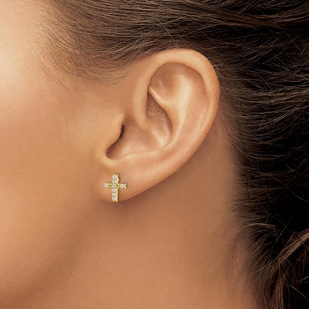 14K Yellow Gold Polished Diamond Cross Post Stud Earrings - 0.064 Carat Total Diamond Weight by Oro Pregiato - Image 3