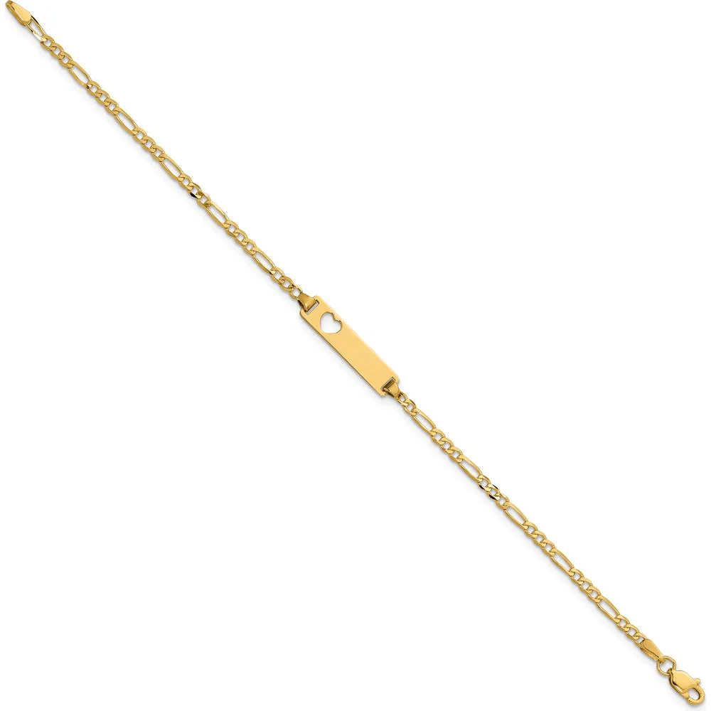 14K Yellow Gold Polished Figaro Link Cut-out Heart ID Bracelet - 7" Length by Oro Pregiato - Image 2