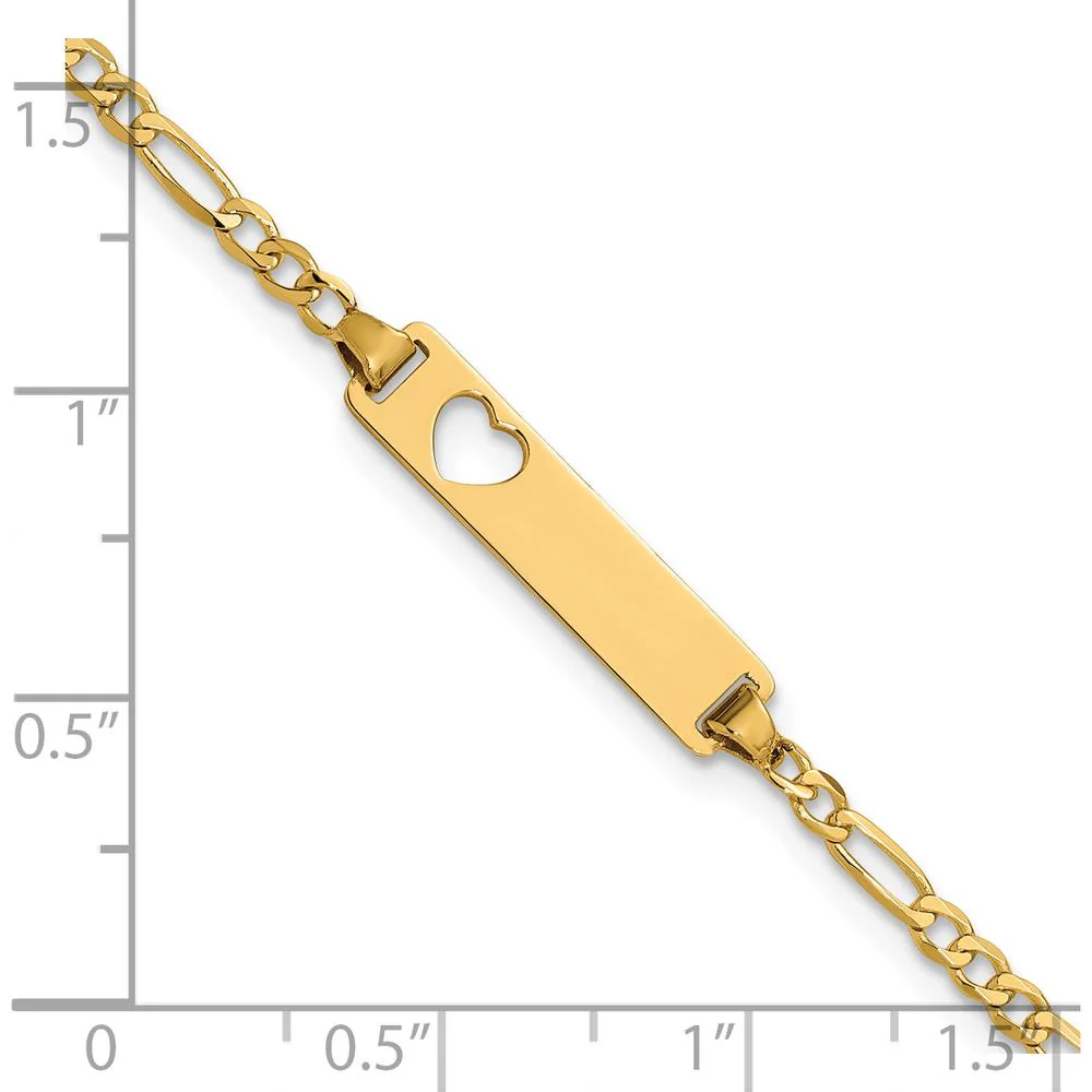 14K Yellow Gold Polished Figaro Link Cut-out Heart ID Bracelet - 7" Length by Oro Pregiato - Image 3