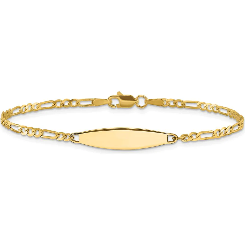 14K Yellow Gold Polished Figaro Link ID Bracelet with Engravable Solid Plate - 7 inches by Oro Pregiato - Image 3