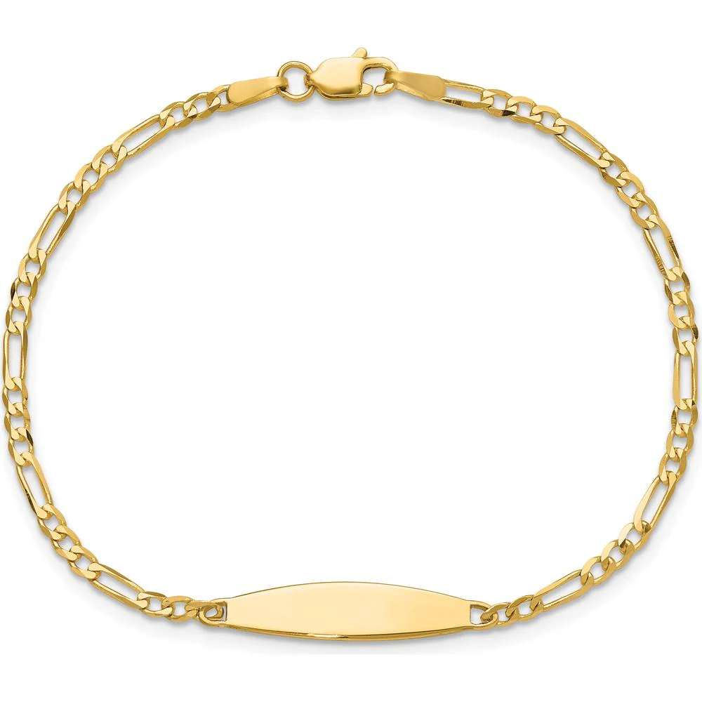 14K Yellow Gold Polished Figaro Link ID Bracelet with Engravable Solid Plate - 7 inches by Oro Pregiato - Image 4