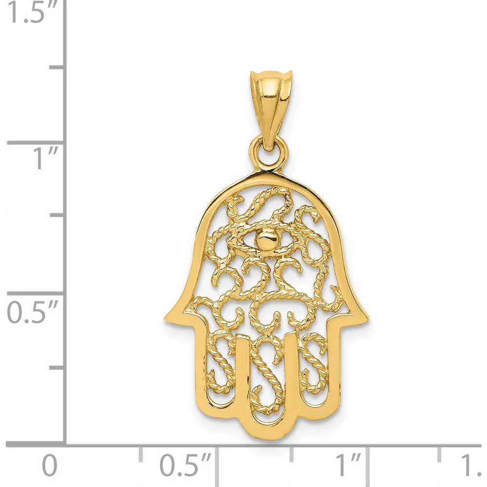14K Yellow Gold Polished Filigree Hamsa and Evil Eye Pendant - 30.85mm in Length by Oro Pregiato - Image 3