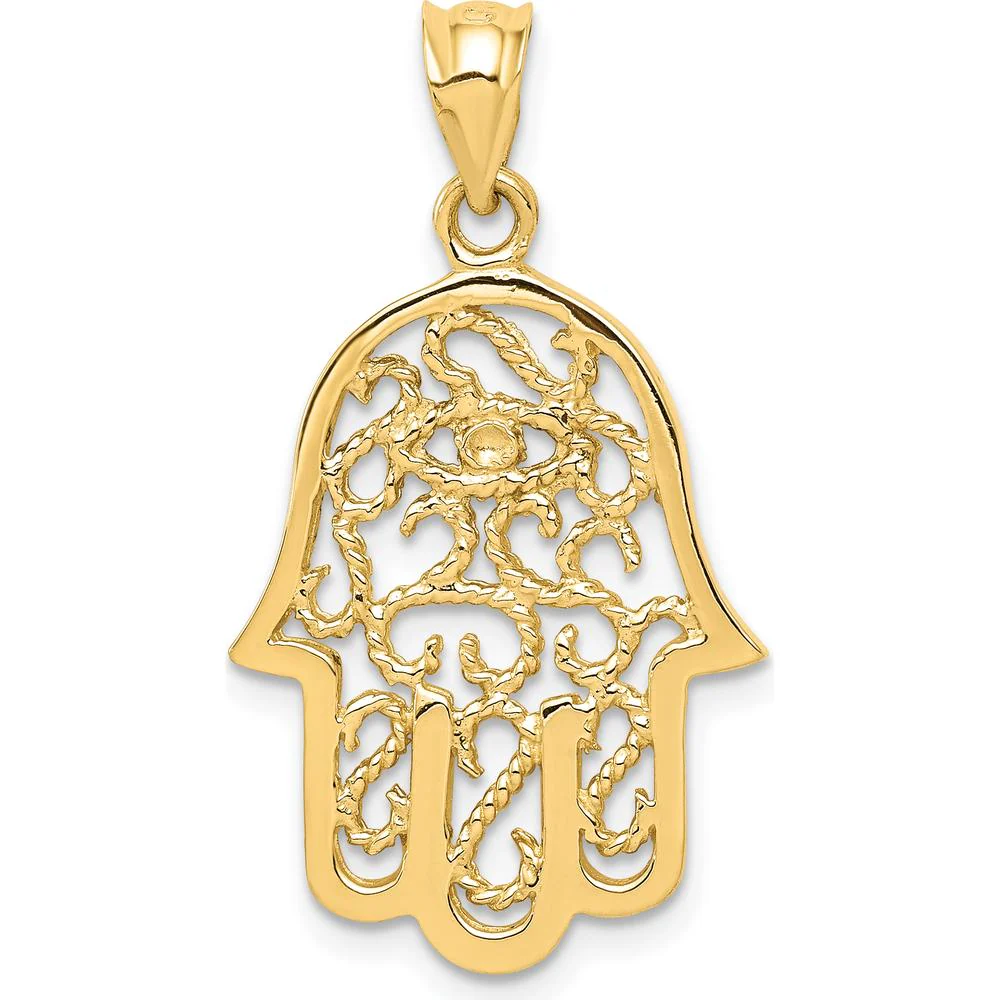 14K Yellow Gold Polished Filigree Hamsa and Evil Eye Pendant - 30.85mm in Length by Oro Pregiato - Image 4