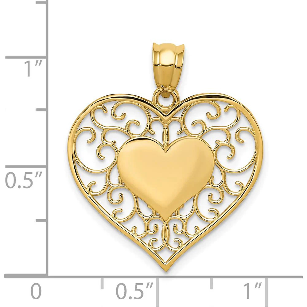 14K Yellow Gold Polished Filigree Heart Pendant with Textured Back by Oro Pregiato - Image 4