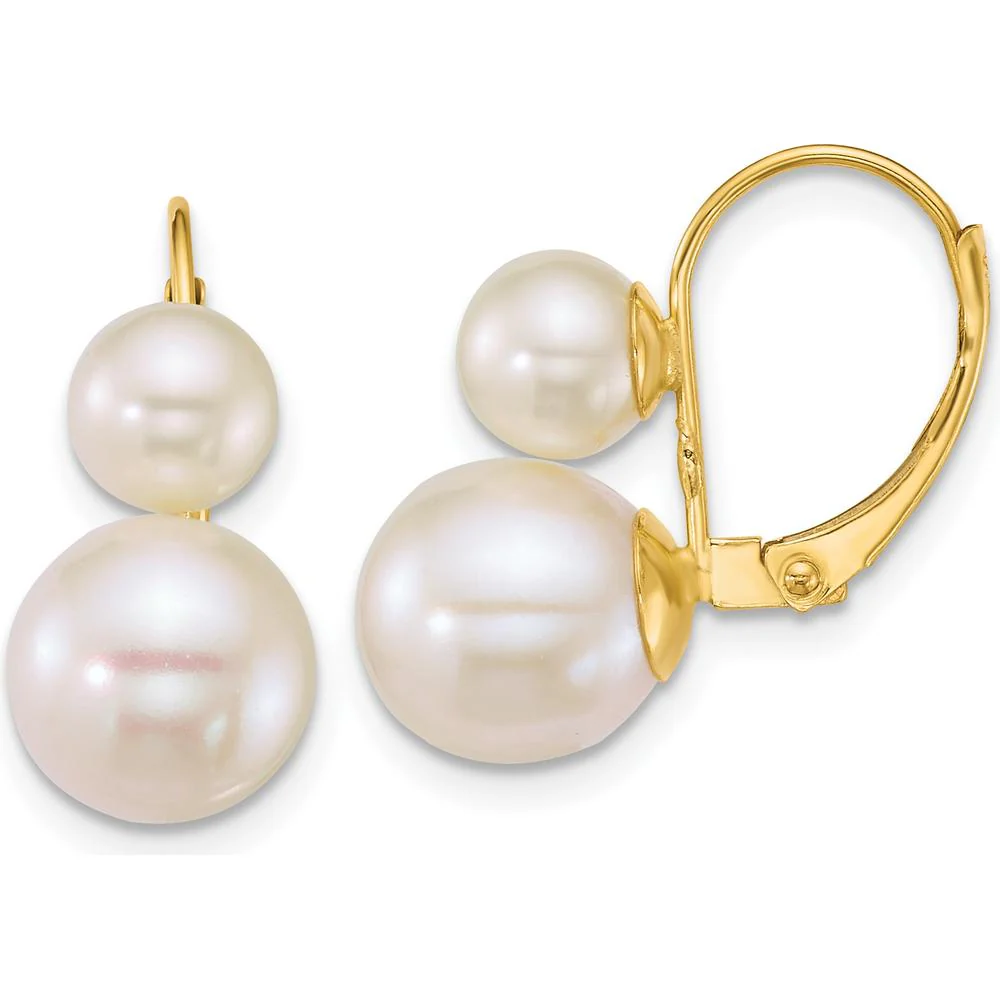 14K Yellow Gold Polished Leverback Earrings with 6-9mm White Freshwater Cultured Pearls by Monteluci Fine Jewelry