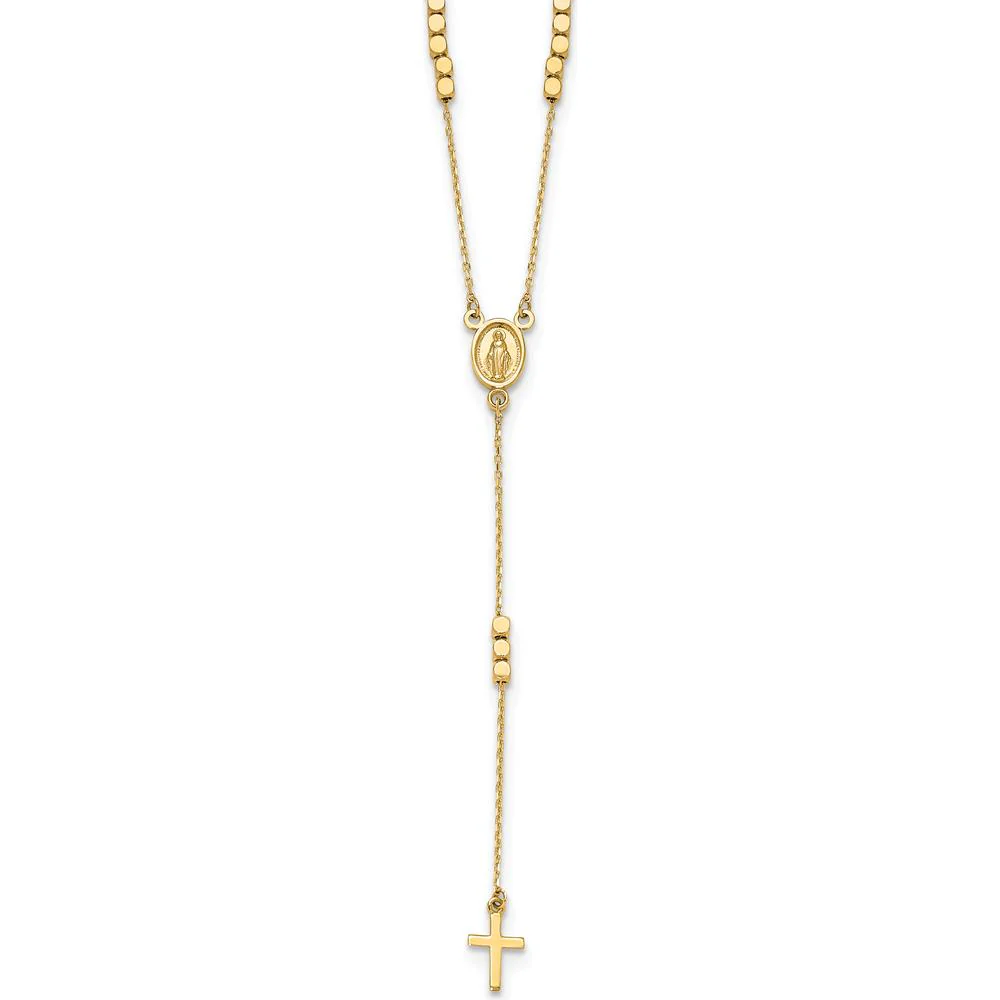 14K Yellow Gold Polished Miraculous Medal and Cross Rosary Y-Drop Necklace - 17.75" Length by Oro Pregiato