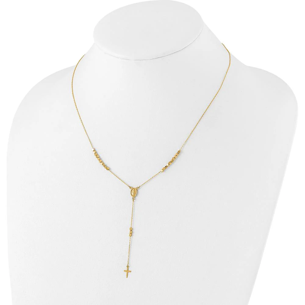 14K Yellow Gold Polished Miraculous Medal and Cross Rosary Y-Drop Necklace - 17.75" Length by Oro Pregiato - Image 3