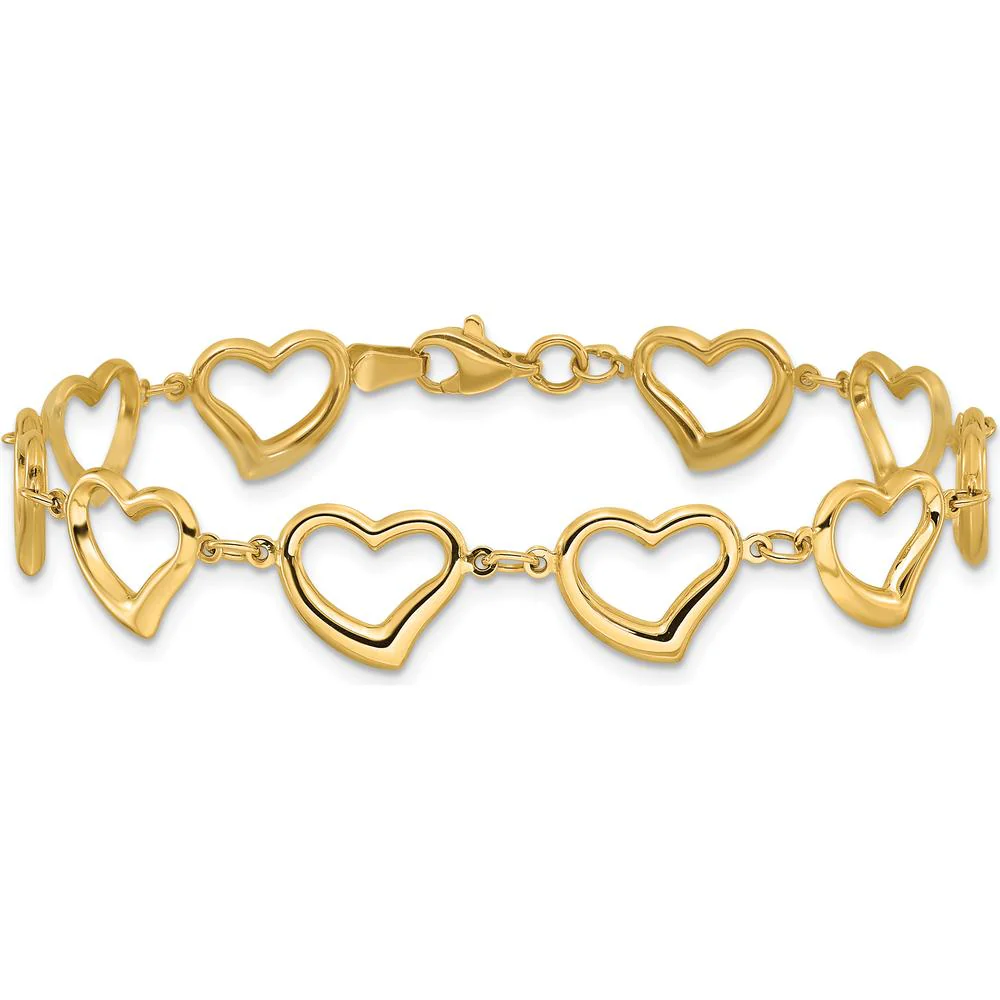 14K Yellow Gold Polished Open Heart Link 7" Bracelet by Oro Pregiato - Image 3