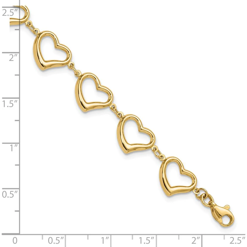 14K Yellow Gold Polished Open Heart Link 7" Bracelet by Oro Pregiato - Image 5