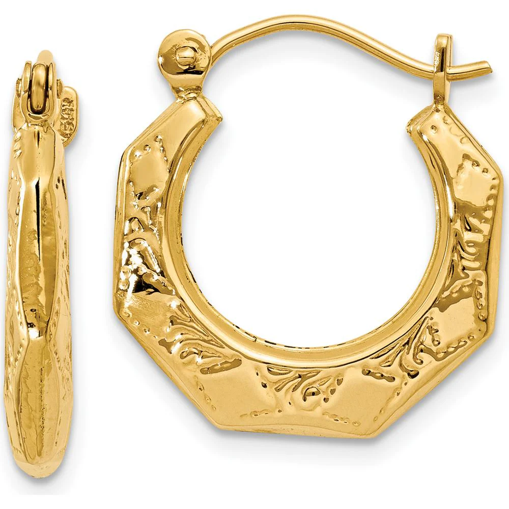 14K Yellow Gold Polished Patterned Hoop Earrings - Medium Size by Oro Pregiato