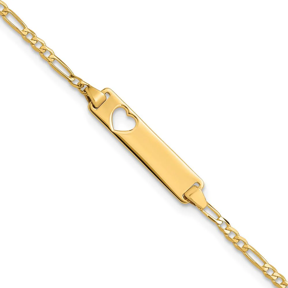 14K Yellow Gold Polished Solid Chain Figaro Link Cut-out Heart 7" ID Bracelet by Oro Pregiato