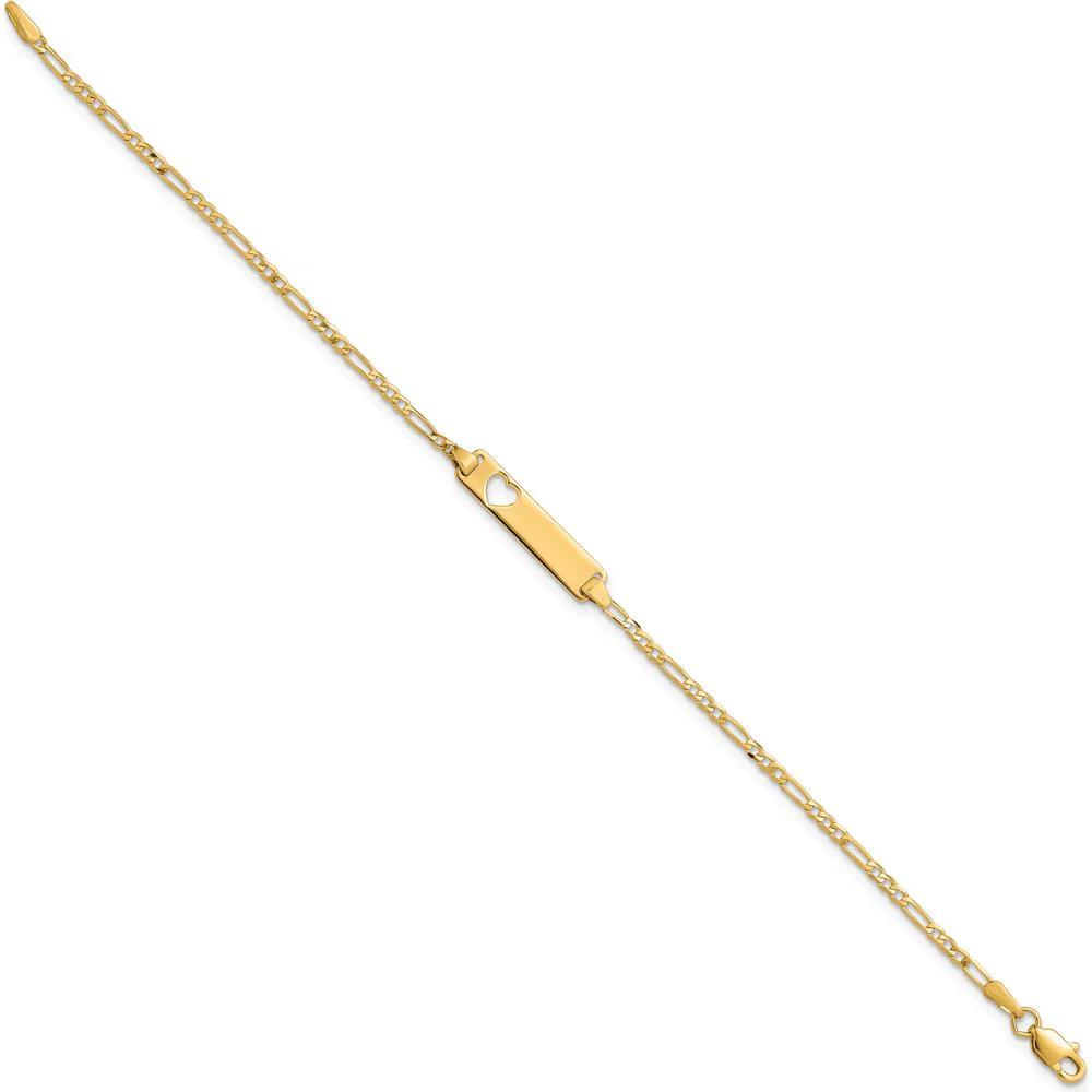 14K Yellow Gold Polished Solid Chain Figaro Link Cut-out Heart 7" ID Bracelet by Oro Pregiato - Image 2