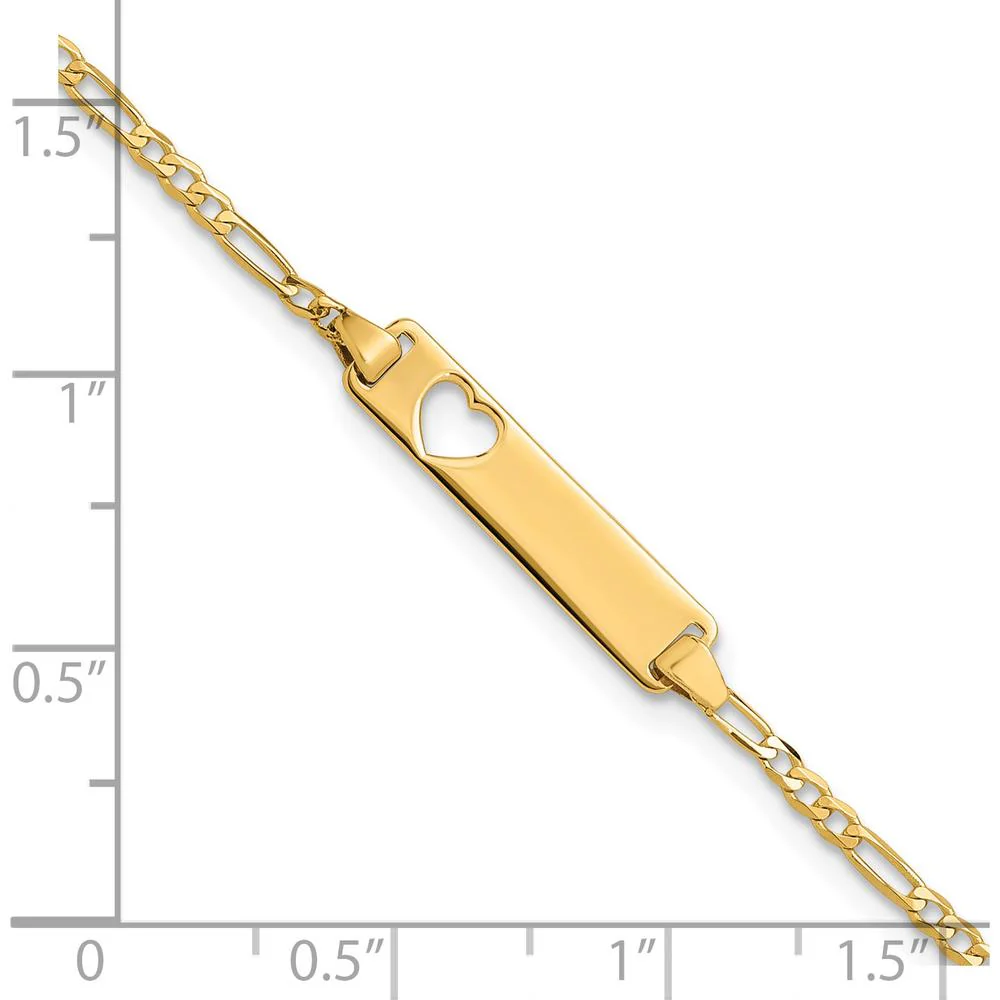 14K Yellow Gold Polished Solid Chain Figaro Link Cut-out Heart 7" ID Bracelet by Oro Pregiato - Image 3
