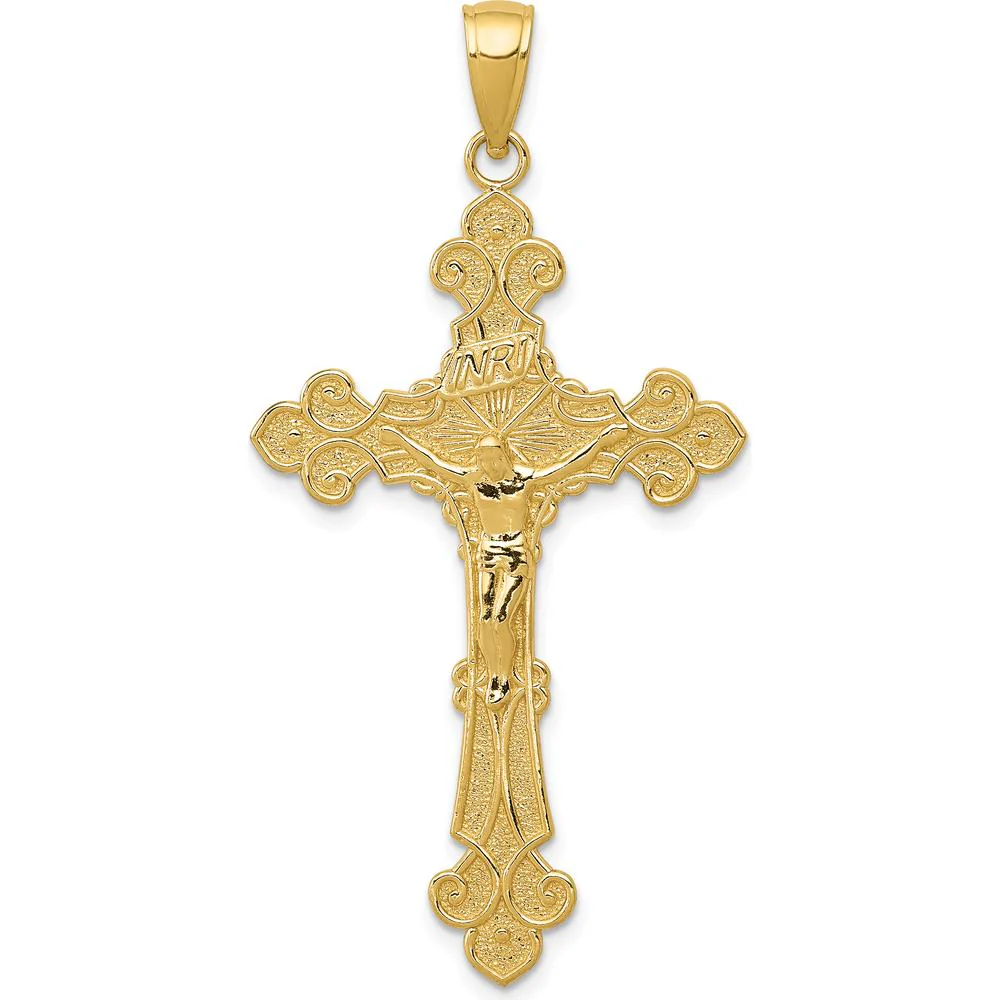 14K Yellow Gold Polished Textured INRI Crucifix Fleur de Lis Pendant - 45mm Length by Oro Pregiato