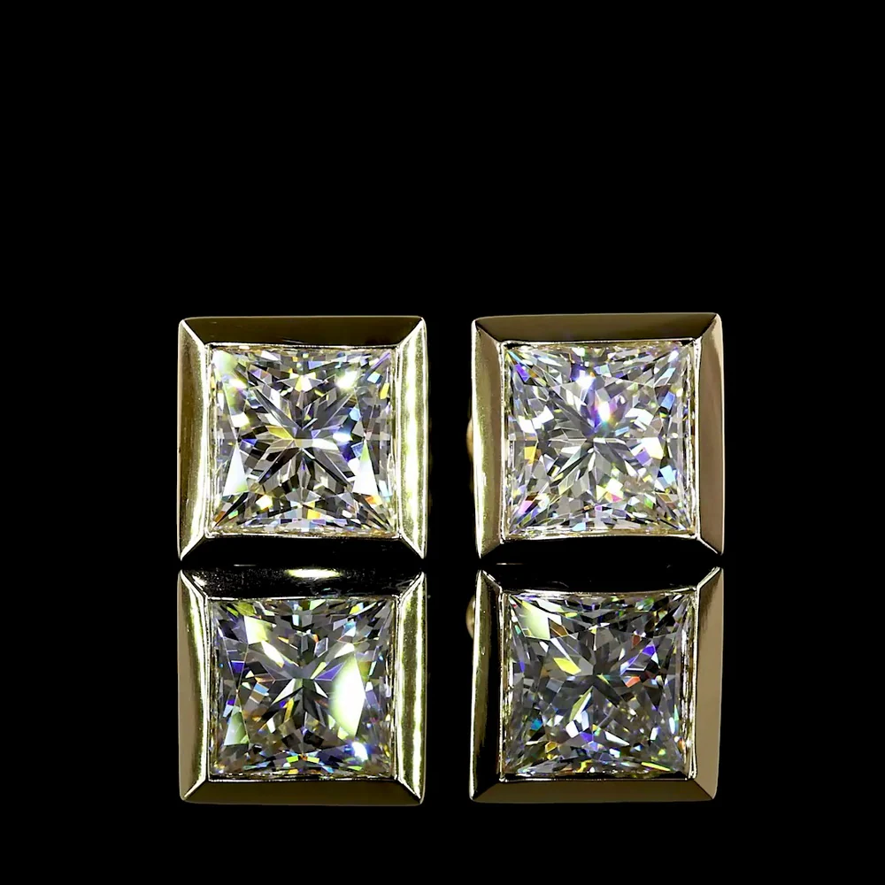 14K Yellow Gold Princess Cut Bezel Set Lab Diamond Stud Earrings - 4.09 Carat Total Weight, D VVS2 Clarity, IGI Certified - Covaloro Fine Jewelry - Image 2
