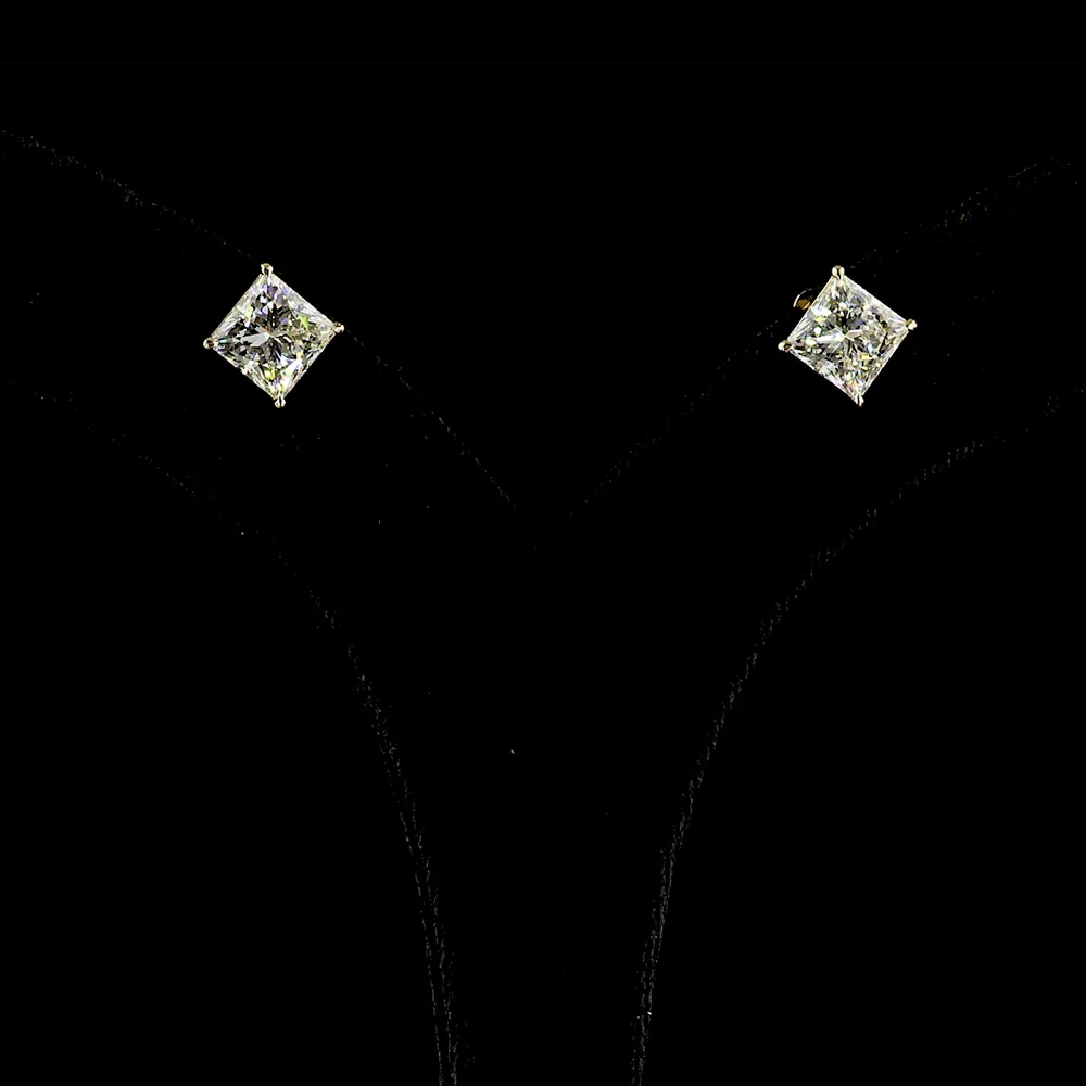 14K Yellow Gold Princess Cut Lab Diamond Stud Earrings - 4.15 Carat Total Weight, E-F Color, VS1 Clarity - Covaloro Fine Jewelry