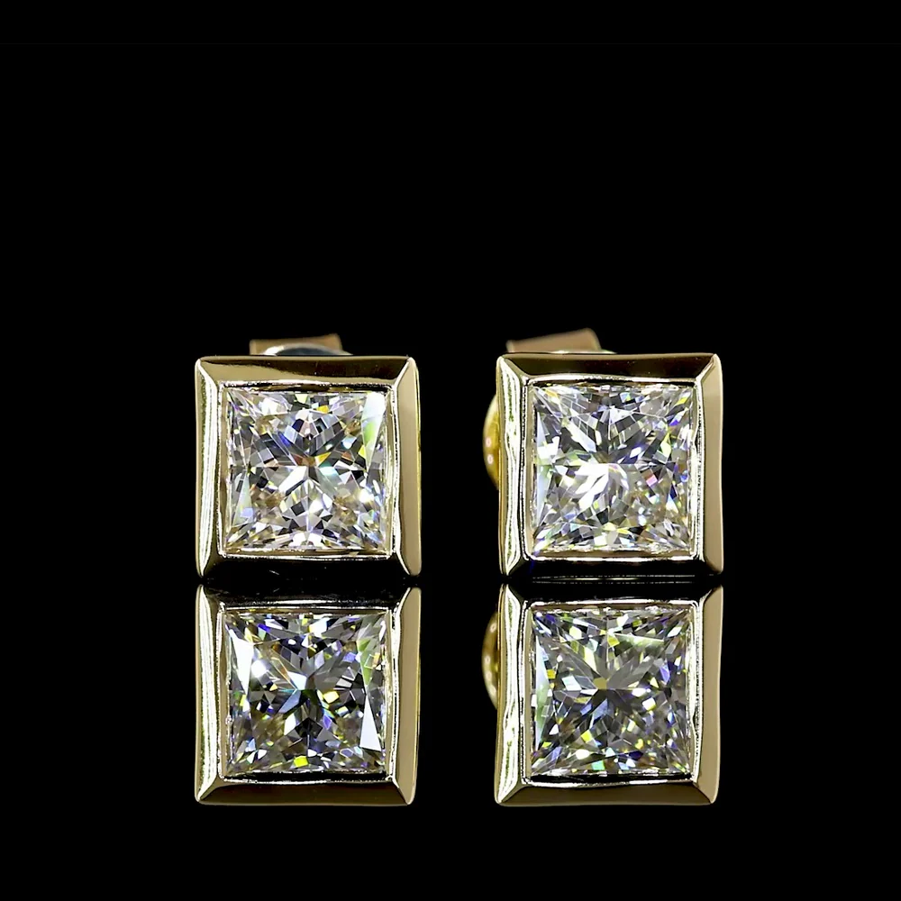 14K Yellow Gold Princess Cut Lab Diamond Stud Earrings with Bezel Setting - 1.41 Carats Total Diamond Weight - Covaloro Fine Jewelry - Image 2