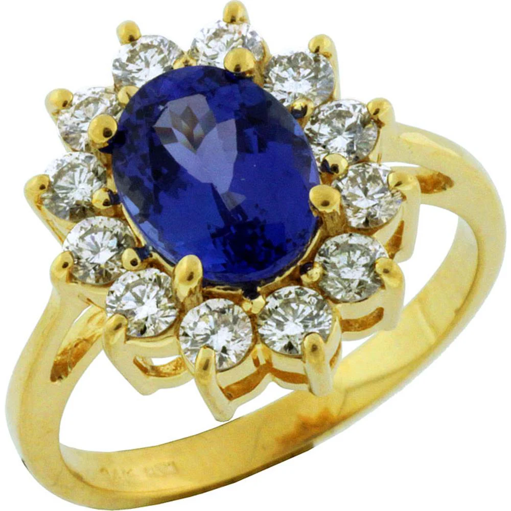 14K Yellow Gold Princess Diana Style Ring with Oval Tanzanite and Round Diamond Halo - 2.00 Carat Tanzanite and 1.00 Carat Total Diamond Weight - Royal Jewelry