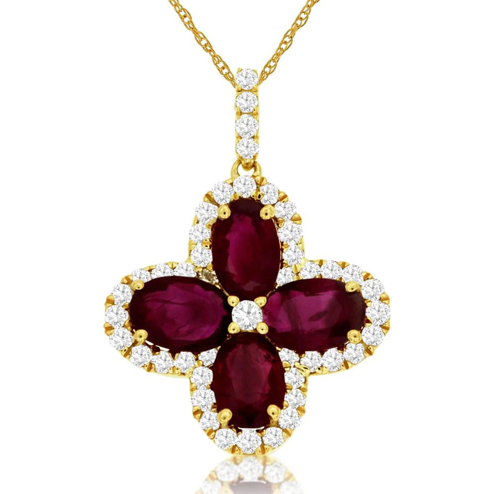 14K Yellow Gold Quatrefoil Pendant with 2.25 Carat Oval Rubies and 0.40 Carat Diamond Halo - Royal Jewelry