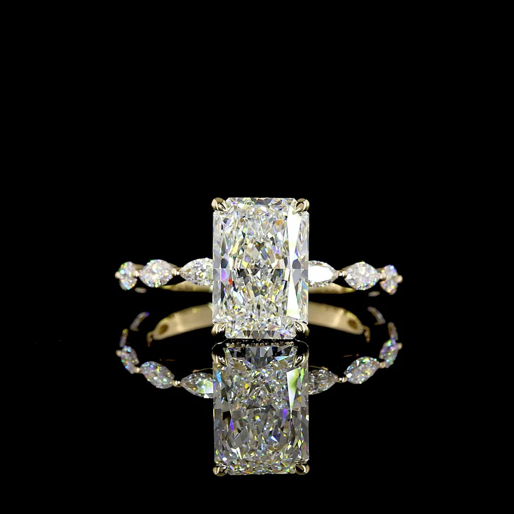 14K Yellow Gold Radiant Cut Hidden Halo Ring with Marquise and Round Lab Diamonds - 3.51 Carats Total Diamond Weight - Covaloro Fine Jewelry