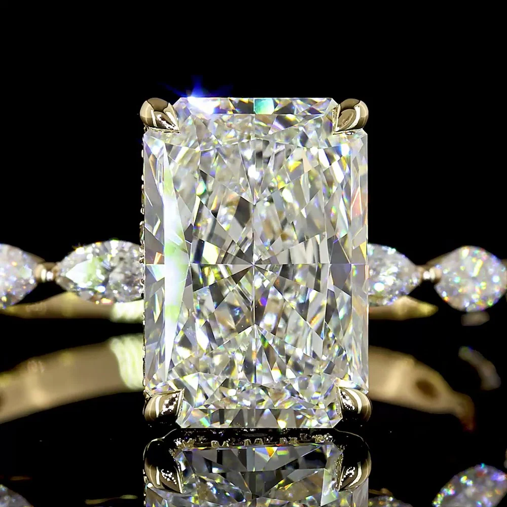 14K Yellow Gold Radiant Cut Hidden Halo Ring with Marquise and Round Lab Diamonds - 3.51 Carats Total Diamond Weight - Covaloro Fine Jewelry - Image 2
