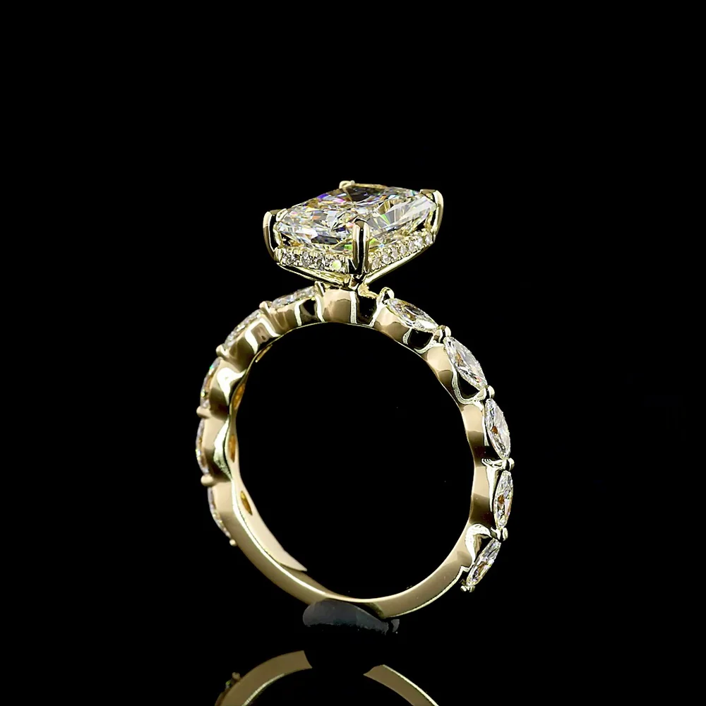 14K Yellow Gold Radiant Cut Hidden Halo Ring with Marquise and Round Lab Diamonds - 3.51 Carats Total Diamond Weight - Covaloro Fine Jewelry - Image 3