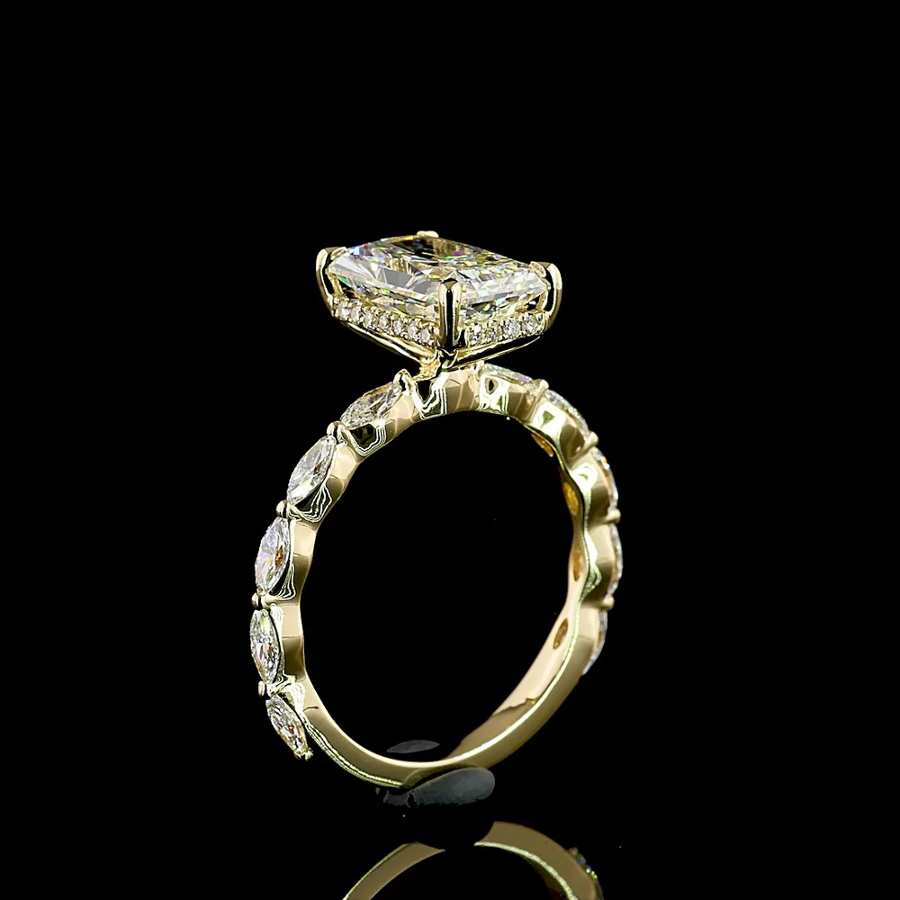 14K Yellow Gold Radiant Cut Hidden Halo Ring with Marquise and Round Lab Diamonds - 3.51 Carats Total Diamond Weight - Covaloro Fine Jewelry - Image 4