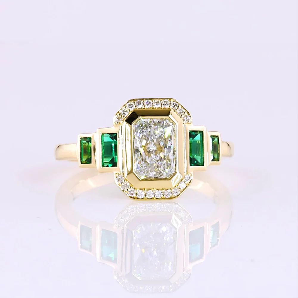 14K Yellow Gold Radiant Cut Lab Diamond Halo Ring with Emerald Baguette Accents - 1.06 Total Carat Weight - Covaloro Fine Jewelry