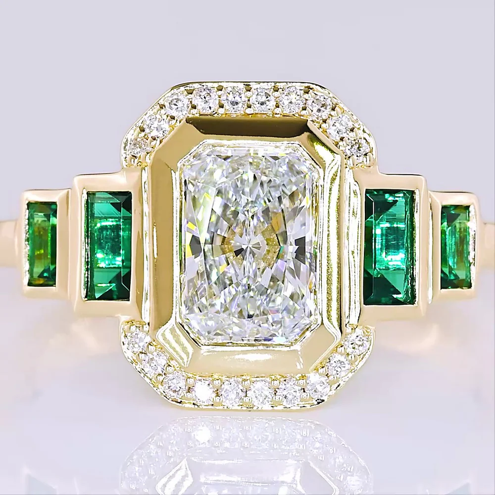 14K Yellow Gold Radiant Cut Lab Diamond Halo Ring with Emerald Baguette Accents - 1.06 Total Carat Weight - Covaloro Fine Jewelry - Image 2