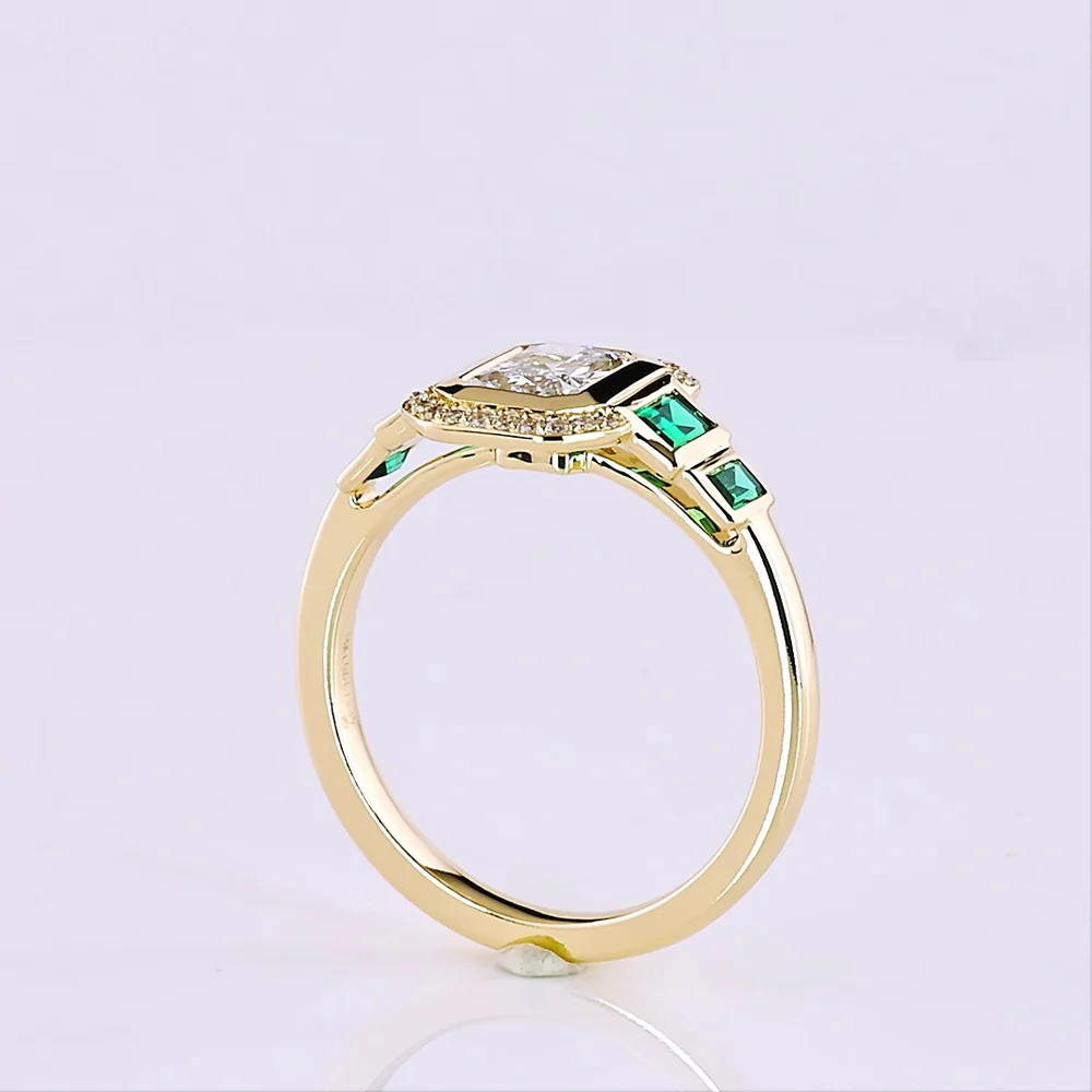 14K Yellow Gold Radiant Cut Lab Diamond Halo Ring with Emerald Baguette Accents - 1.06 Total Carat Weight - Covaloro Fine Jewelry - Image 3