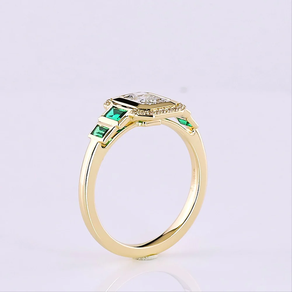 14K Yellow Gold Radiant Cut Lab Diamond Halo Ring with Emerald Baguette Accents - 1.06 Total Carat Weight - Covaloro Fine Jewelry - Image 4