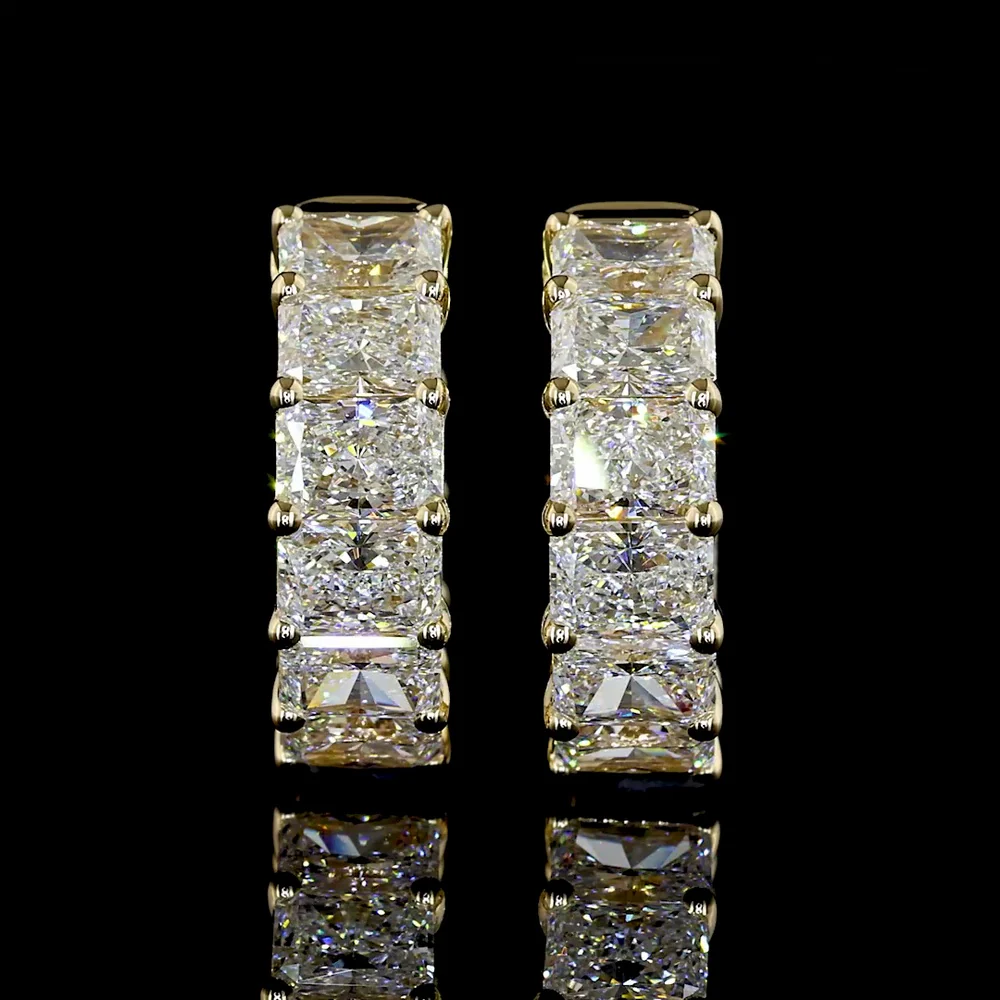 14K Yellow Gold Radiant Cut Lab Diamond Huggie Earrings - 3.03 Carats Total Diamond Weight, E-F VS Clarity, 18 Stones Total - Covaloro Fine Jewelry - Image 2