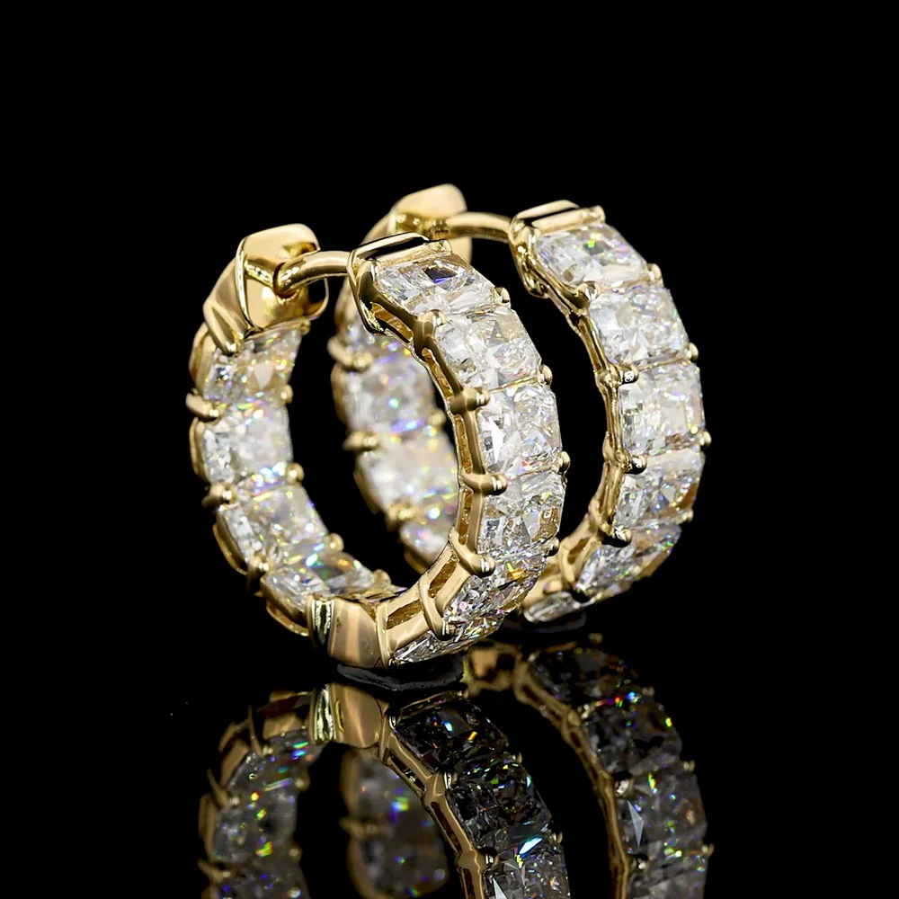 14K Yellow Gold Radiant Cut Lab Diamond Huggie Earrings - 6.68 Carat Total Weight, E-F VS2 Clarity - Covaloro Fine Jewelry