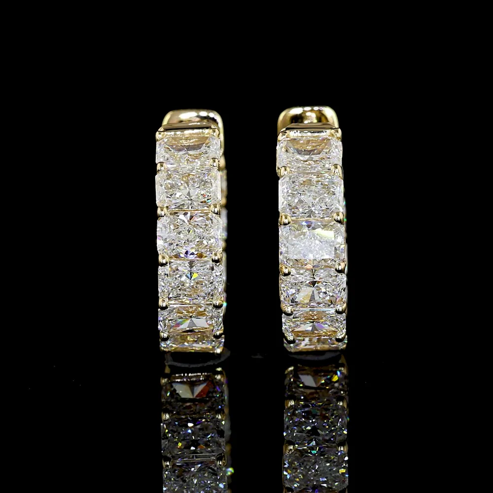 14K Yellow Gold Radiant Cut Lab Diamond Huggie Earrings - 6.68 Carat Total Weight, E-F VS2 Clarity - Covaloro Fine Jewelry - Image 3