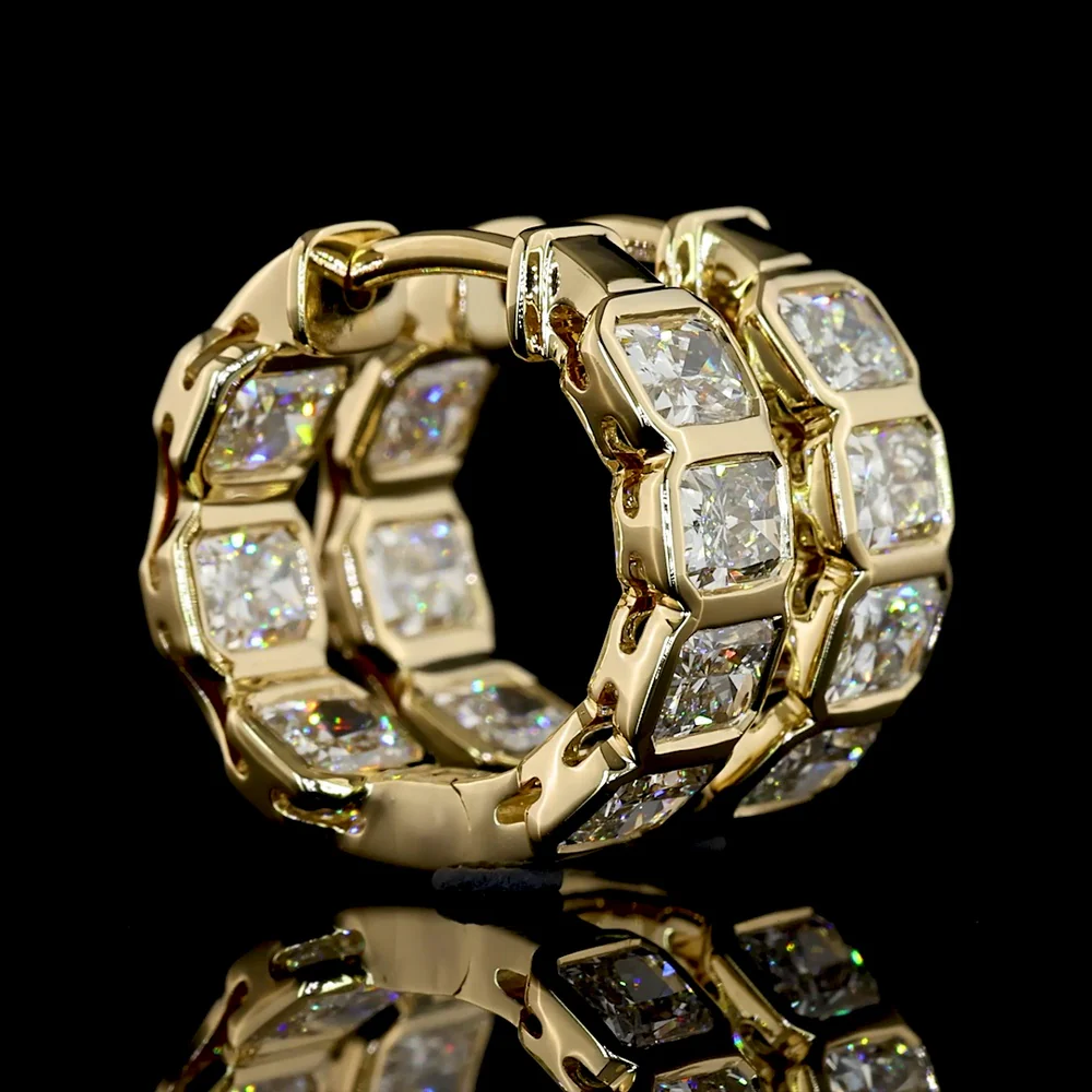 14K Yellow Gold Radiant Cut Lab Diamond Huggie Earrings with Bezel Setting - 3.04 Carats Total Diamond Weight - Covaloro Fine Jewelry