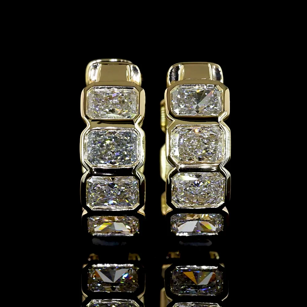 14K Yellow Gold Radiant Cut Lab Diamond Huggie Earrings with Bezel Setting - 3.04 Carats Total Diamond Weight - Covaloro Fine Jewelry - Image 2