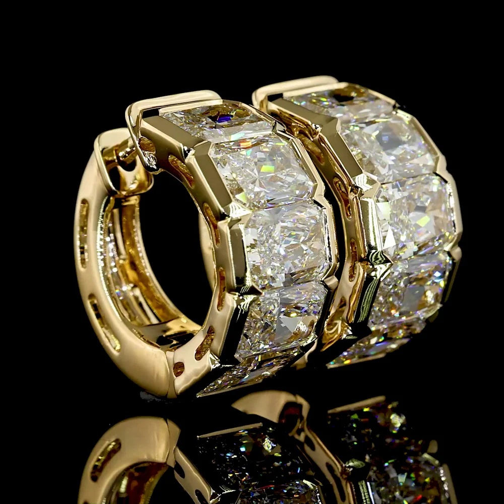 14K Yellow Gold Radiant Cut Lab Diamond Huggie Earrings with Half Bezel Setting - 5.20 Carats Total Diamond Weight - Covaloro Fine Jewelry