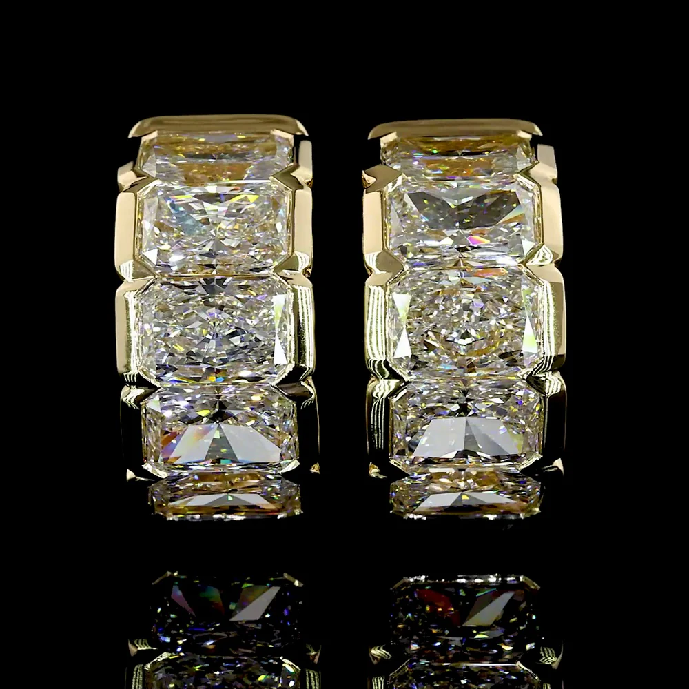 14K Yellow Gold Radiant Cut Lab Diamond Huggie Earrings with Half Bezel Setting - 5.20 Carats Total Diamond Weight - Covaloro Fine Jewelry - Image 2