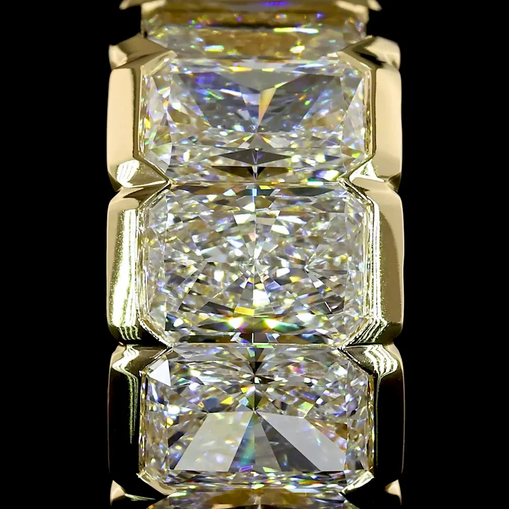 14K Yellow Gold Radiant Cut Lab Diamond Huggie Earrings with Half Bezel Setting - 5.20 Carats Total Diamond Weight - Covaloro Fine Jewelry - Image 3